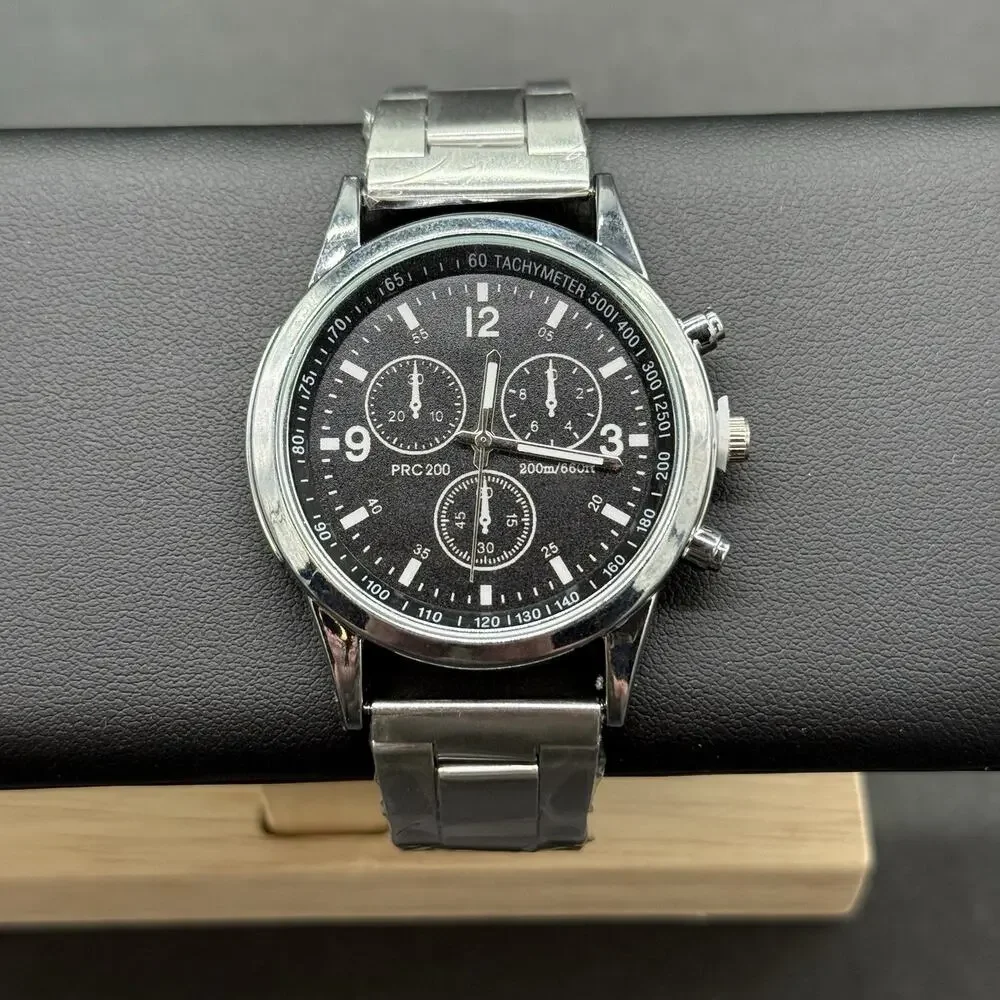 Unbranded Mens Chronograph Watch Black Dial Silver Steel Band Sports Quartz